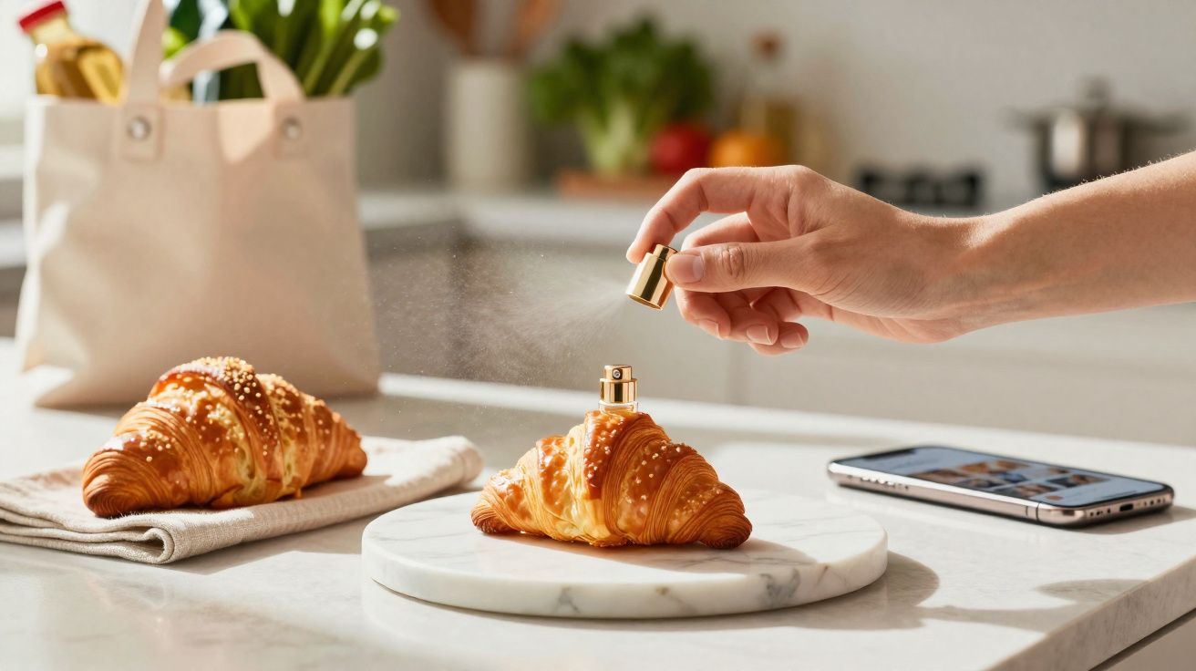 Mão borrifando perfume em um croissant sobre bancada de cozinha com outro croissant, celular e sacola.