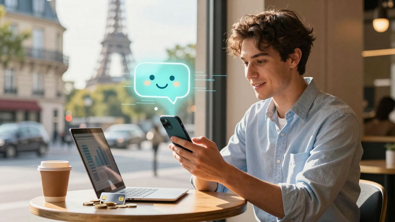 Jovem sentado em café com laptop e celular, sorrindo para uma mensagem digital animada.