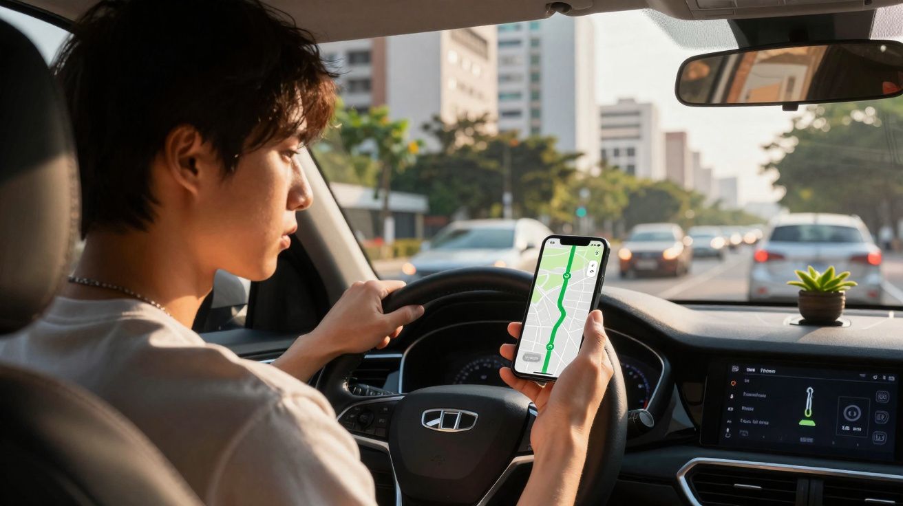 Jovem dirigindo carro e consultando rota no celular com GPS na cidade durante o dia.