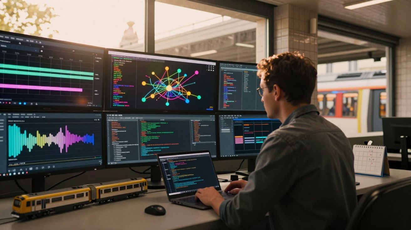 Pessoa trabalhando com múltiplos monitores exibindo gráficos e códigos em ambiente moderno com janela e trem ao fundo.