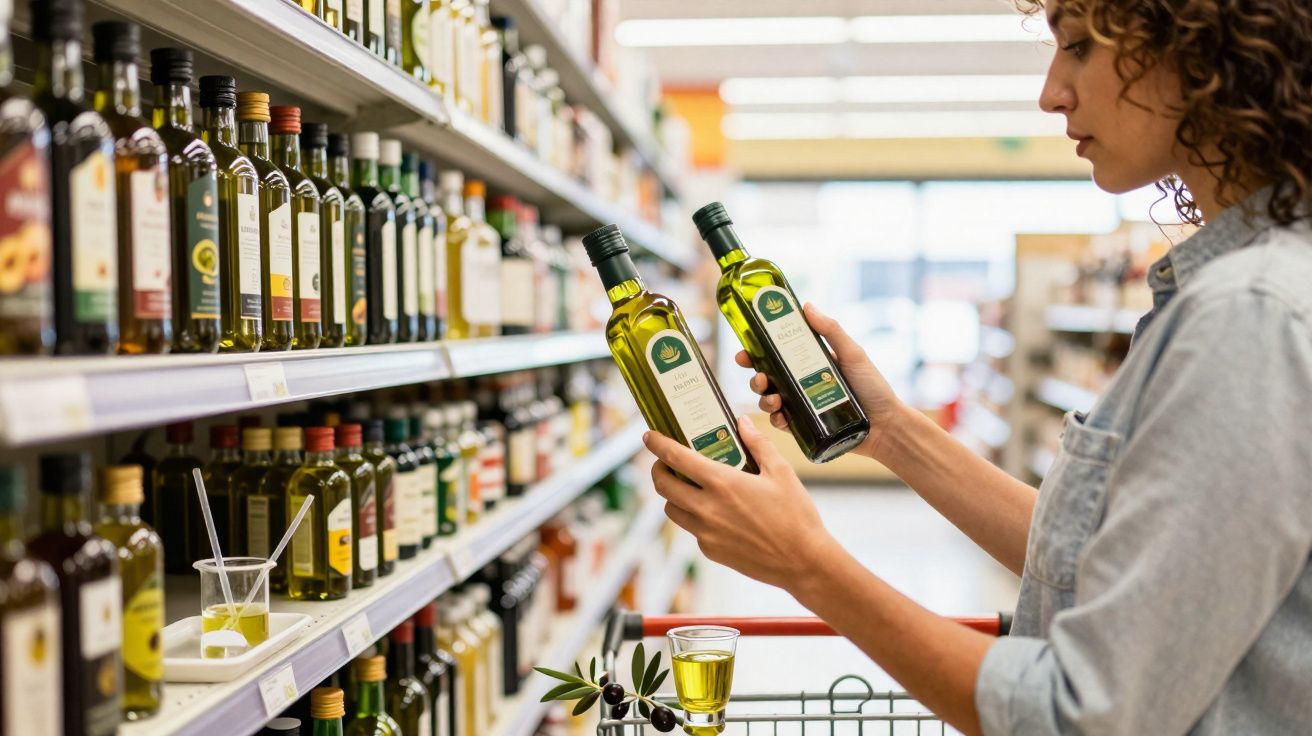 Mulher em supermercado comparando duas garrafas de azeite na prateleira.