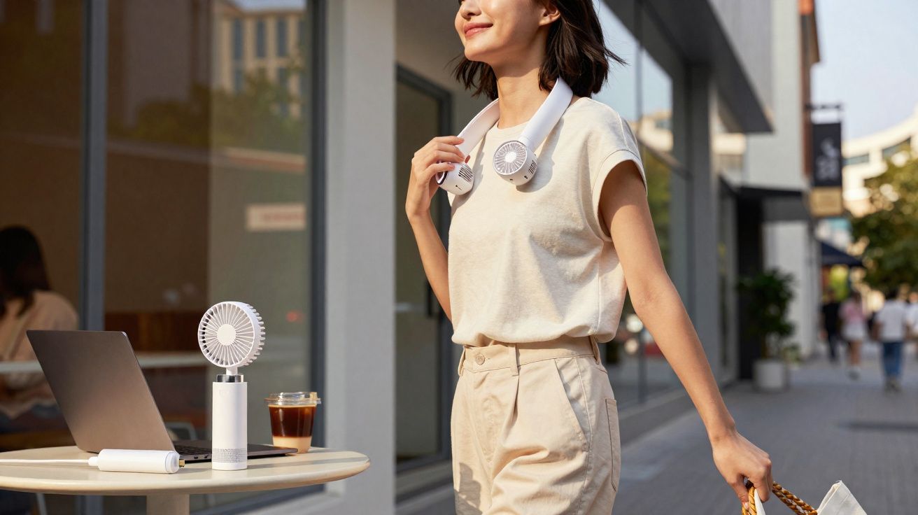 Mulher sorridente com ventilador portátil no pescoço caminhando perto de mesa com laptop e café.