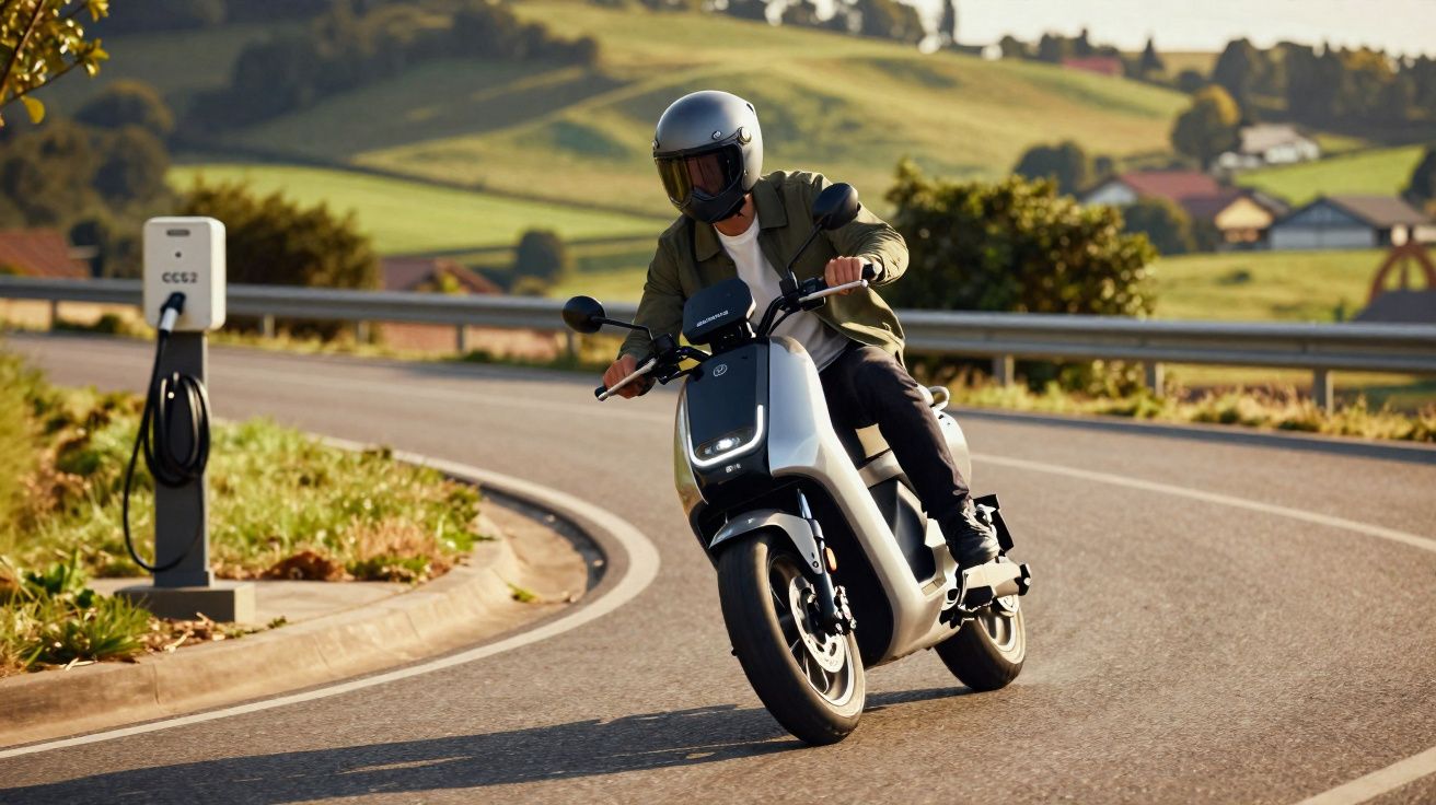 Pessoa usando capacete e jaqueta verde andando de scooter elétrica em estrada rural com carregador próximo.