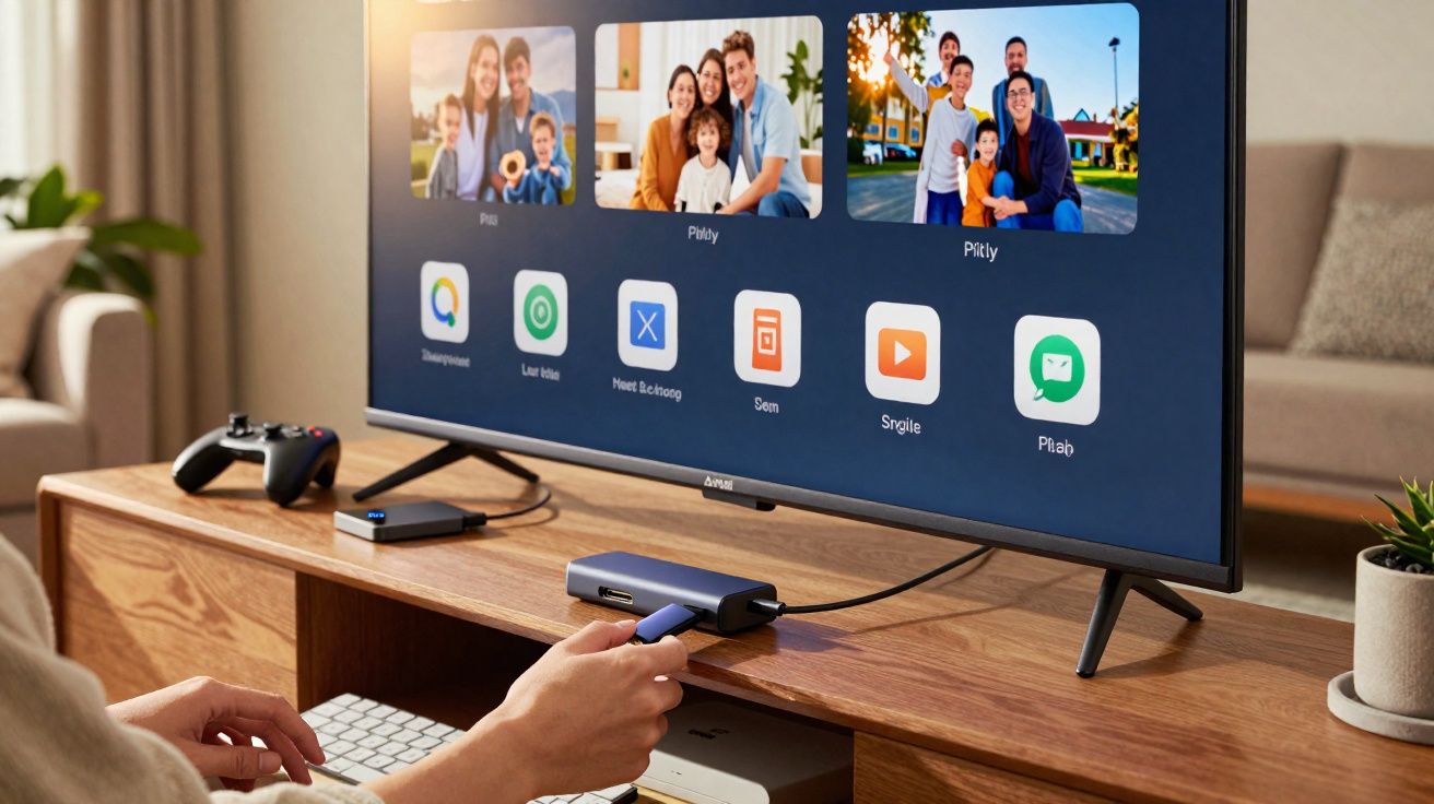 Pessoa conectando pen drive a adaptador HDMI perto de TV com fotos de família na tela.