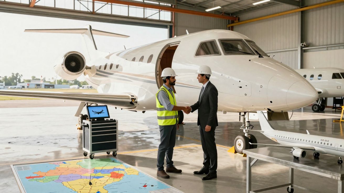 Dois homens de capacete apertam as mãos perto de jato privado em hangar com mapas e modelos de avião.