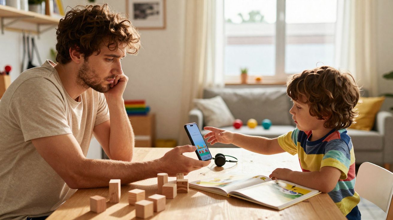 Pai e filho sentados à mesa, filho apontando para celular que pai segura, com livro aberto e blocos de madeira.