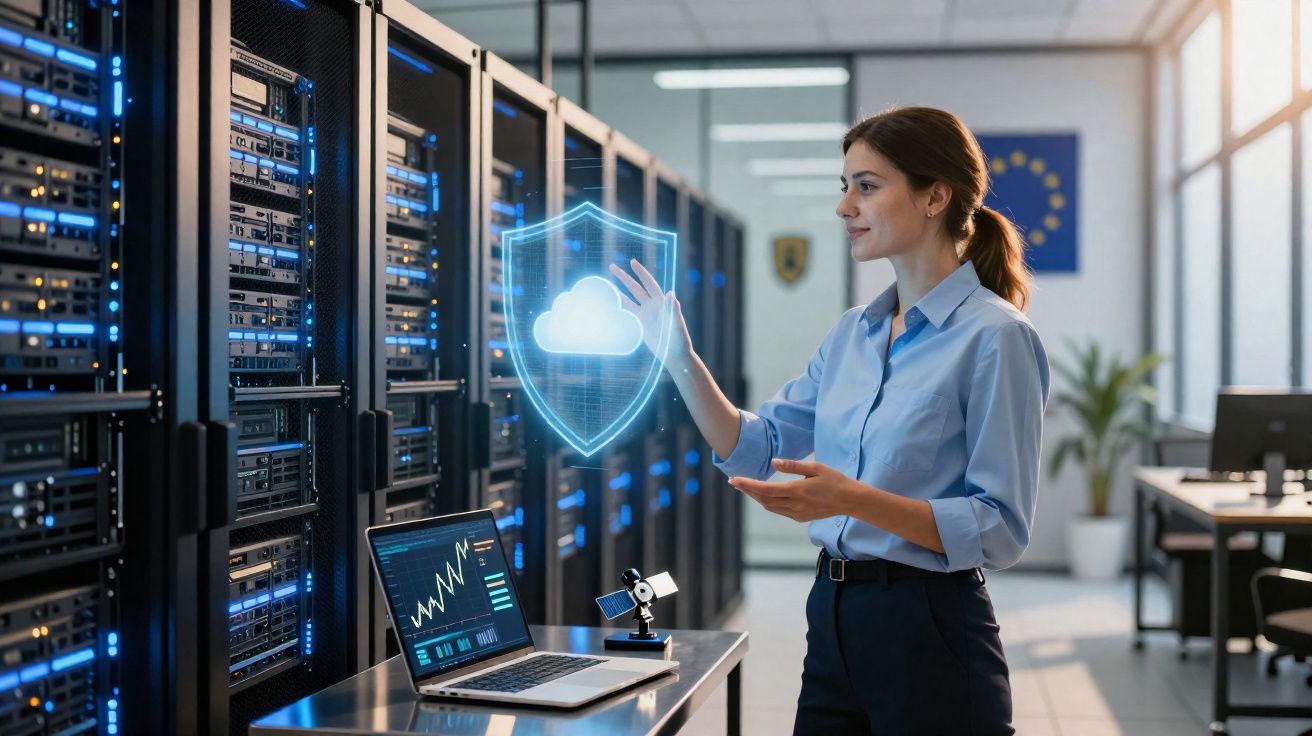 Mulher em data center interagindo com holograma de escudo e nuvem para segurança digital.