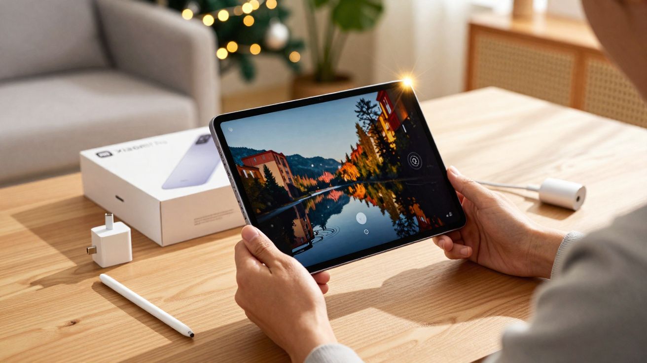 Pessoa segurando tablet com foto de paisagem na tela em mesa de madeira com caixa e acessório ao fundo