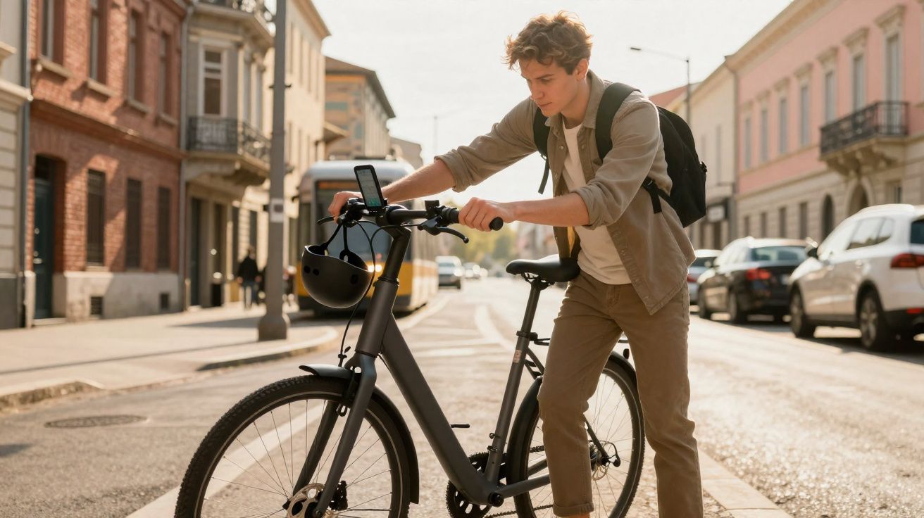 Jovem empurrando bicicleta elétrica em rua urbana ensolarada com capacete pendurado no guidão.