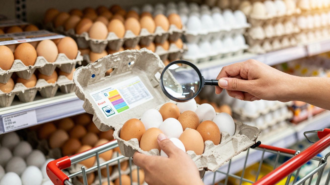 Pessoa segurando caixa de ovos brancos e marrons no supermercado e usando lupa para verificar.