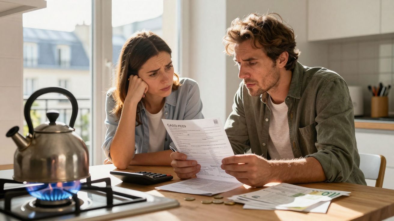 Casal preocupado analisando contas e finanças em cozinha com chaleira no fogão a gás.