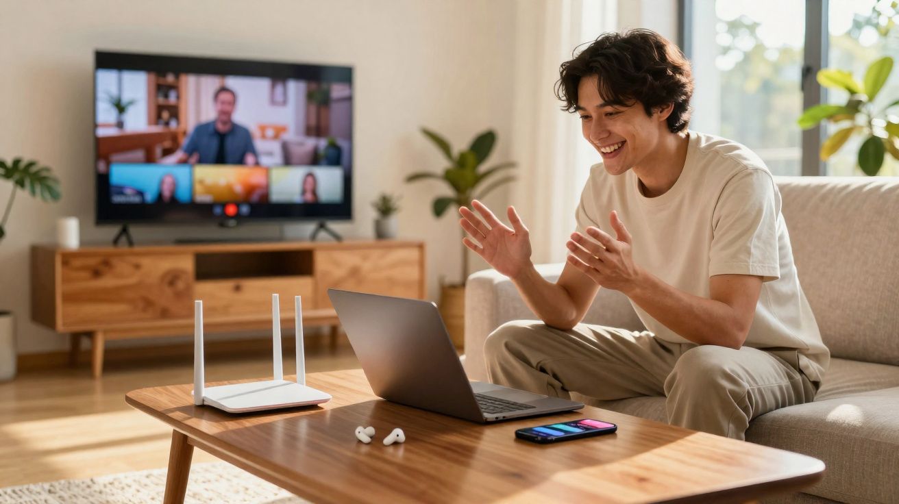Homem sorridente participa de videoconferência no laptop sentado em sofá, sala com TV e roteador.