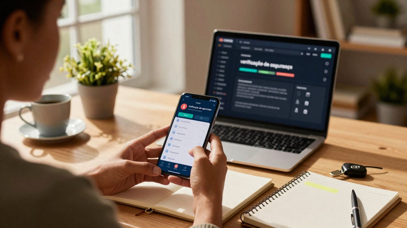 Pessoa segurando celular com app aberto próximo a notebook em mesa com caderno, caneta, xícara e planta.