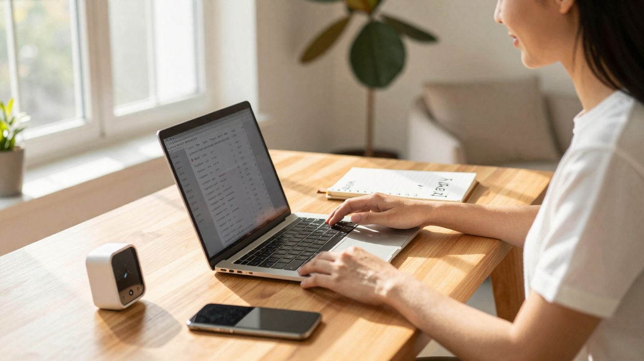 Pessoa trabalhando em laptop em mesa de madeira com celular, caderno e planta ao fundo.