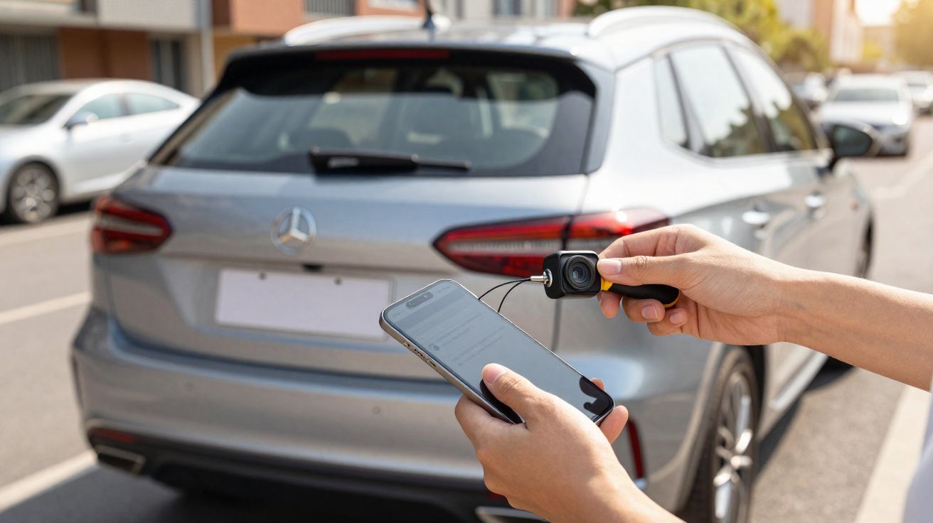 Pessoa usando chave digital no celular para travar ou destravar um carro prata estacionado na rua.