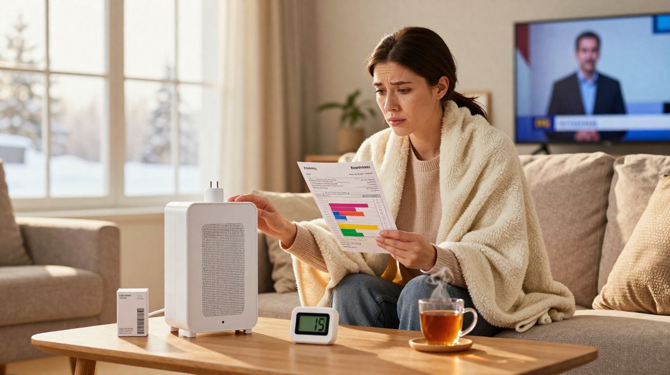 Mulher coberta com manta olhando conta de energia sentada em sofá na sala com aquecedor e chá na mesa.