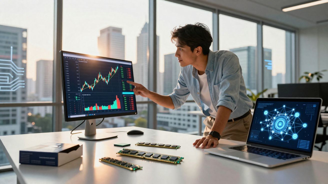Homem observa gráficos financeiros no computador em escritório com vista para prédios ao entardecer.