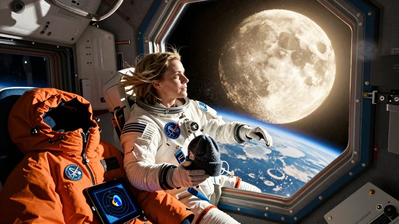 Astronauta na estação espacial observa a Lua cheia e a Terra pela janela em órbita.