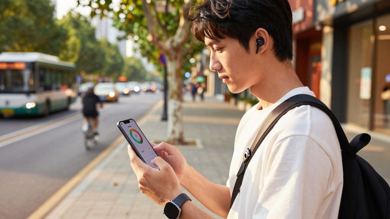 Homem jovem usando fones sem fio e mochila verifica aplicativo no celular na calçada de rua movimentada.