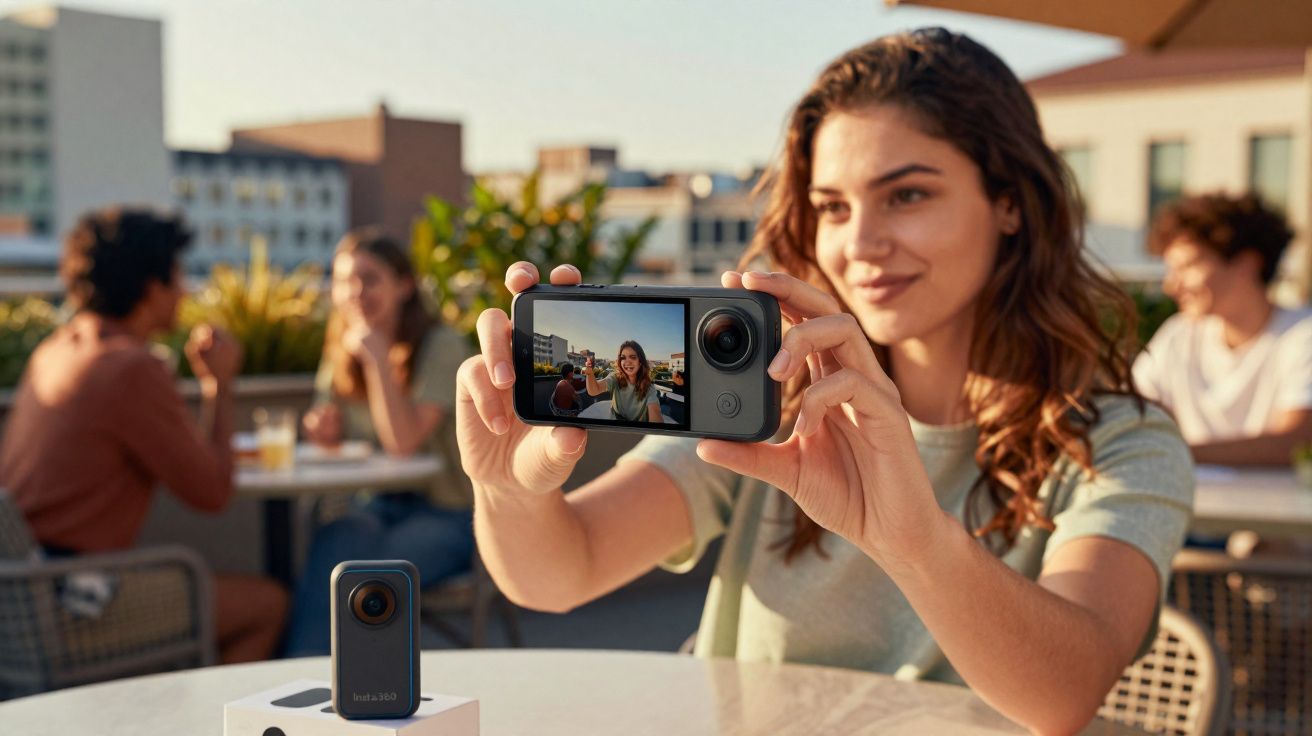 Mulher tirando selfie com câmera em mesa ao ar livre com grupo de amigos ao fundo em ambiente urbano.