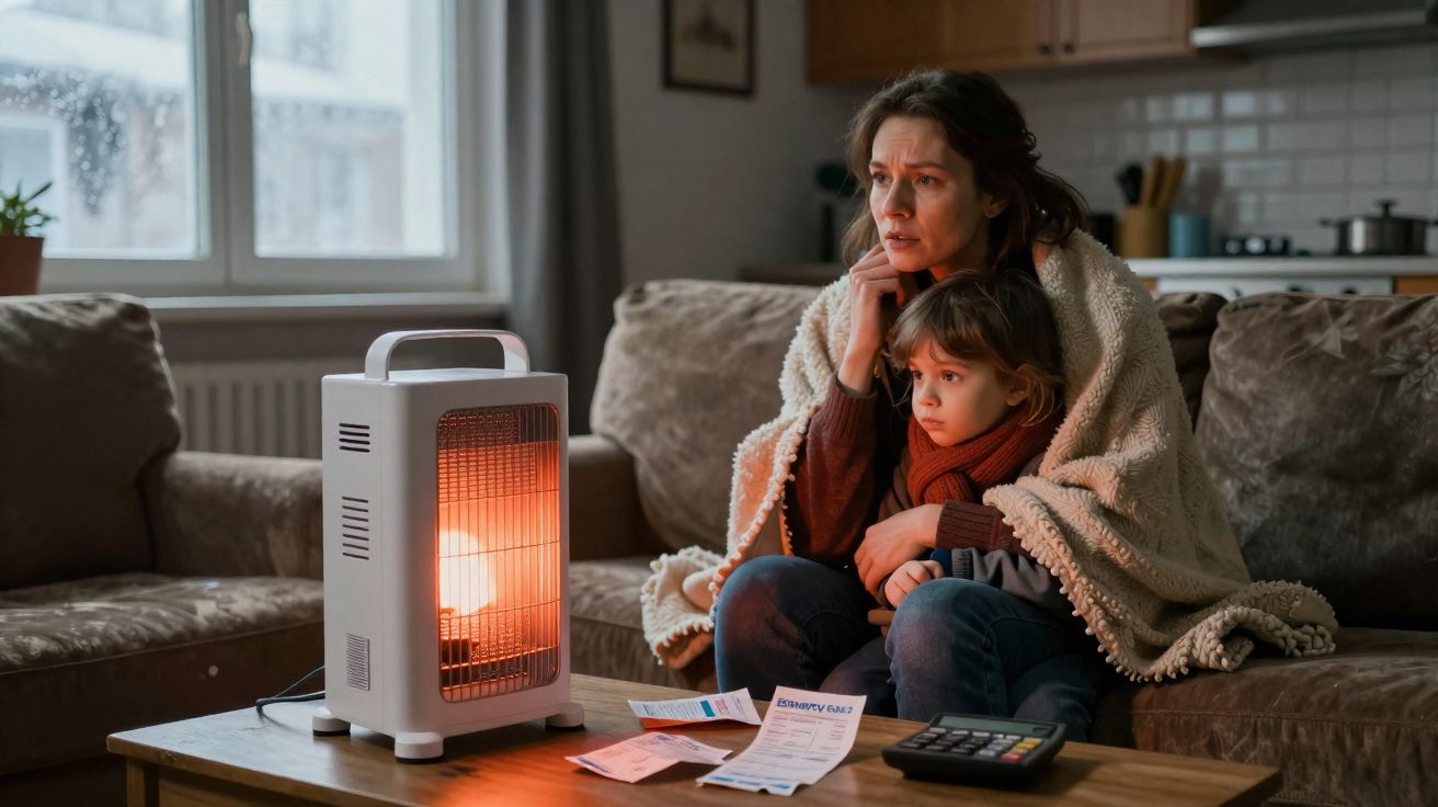 Mulher e criança cobertas por manta sentadas no sofá olhando aquecedor portátil com contas sobre a mesa.