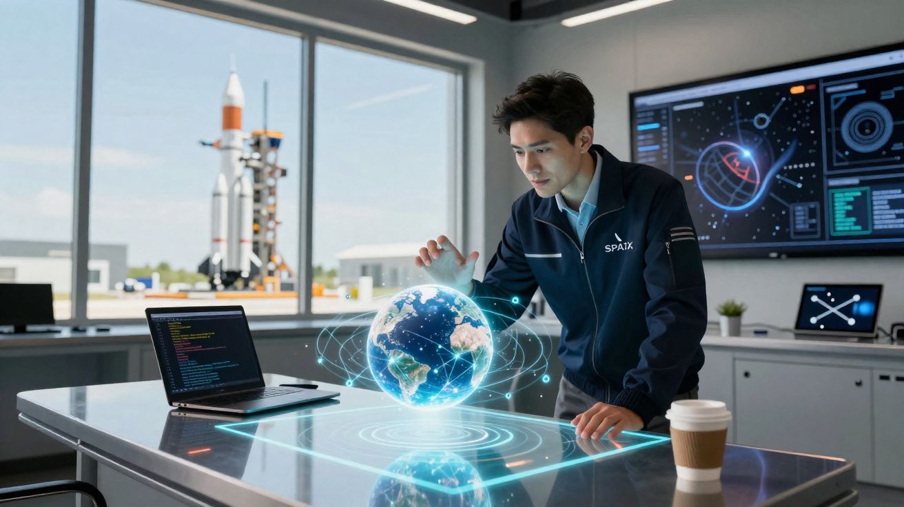 Homem interagindo com holograma da Terra em mesa futurista em laboratório espacial com foguete ao fundo.