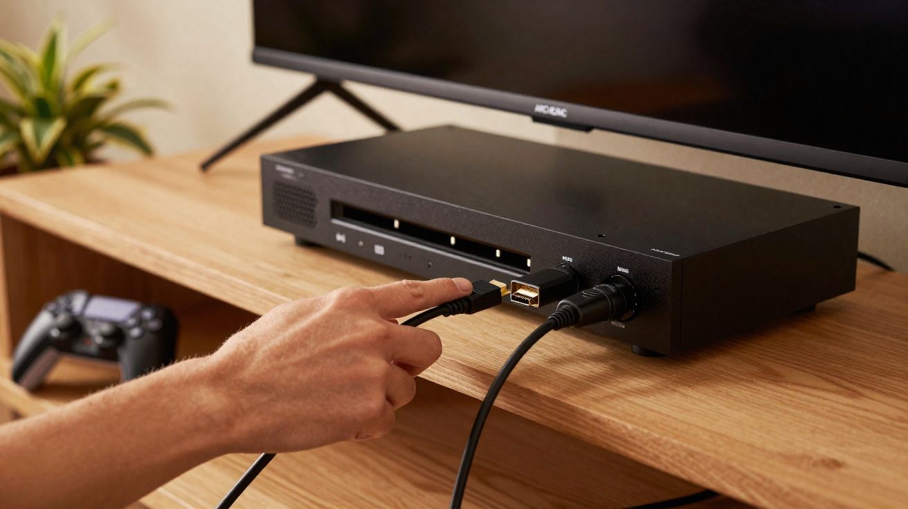 Mão conectando cabo HDMI em aparelho eletrônico preto sob televisão em móvel de madeira.