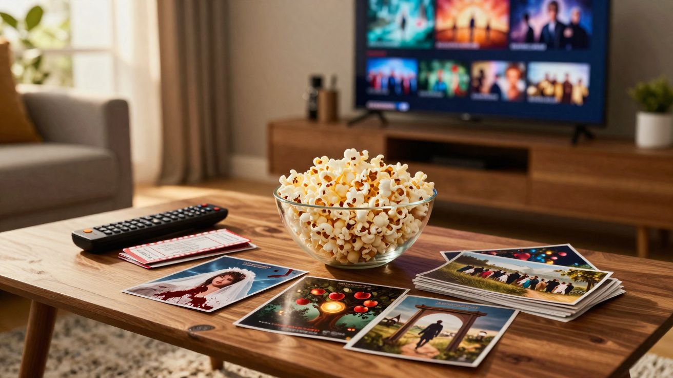 Tábua de madeira com tigela de pipoca, fotos, controle remoto e cartão, com televisão ao fundo.