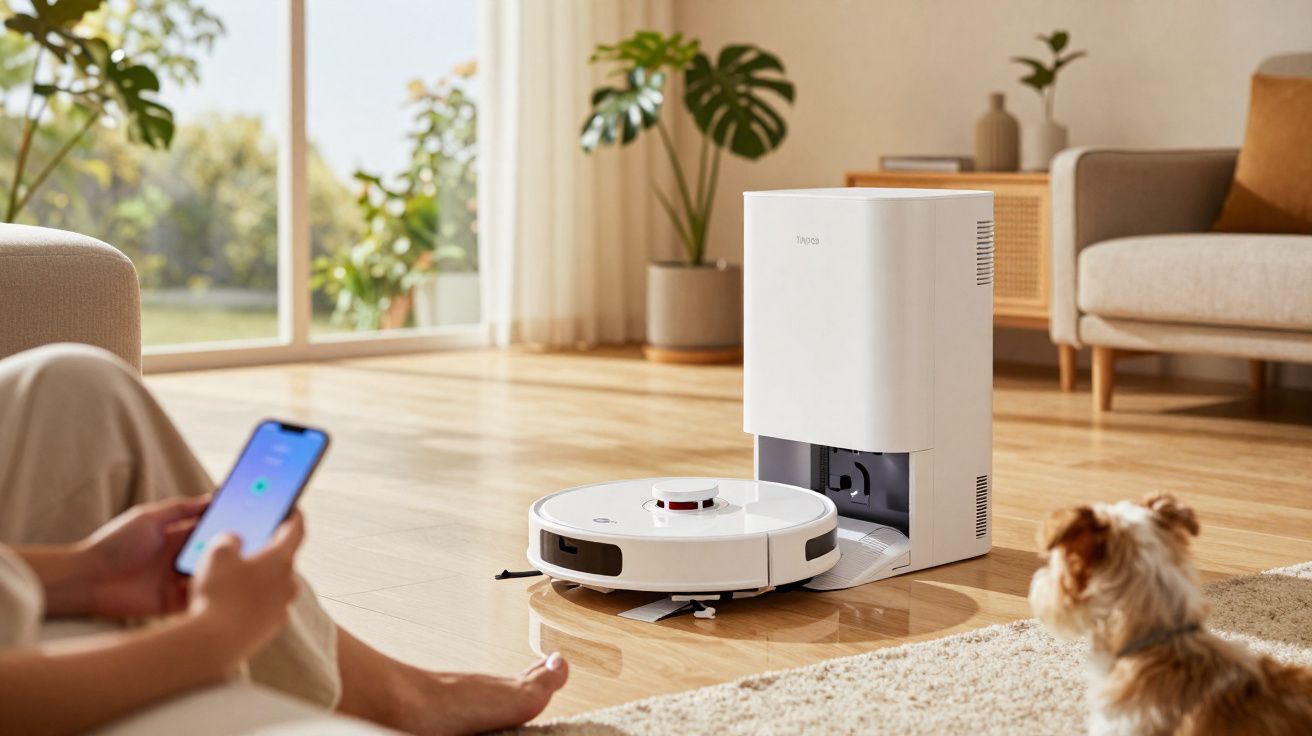 Pessoa usando celular para controlar robô aspirador branco em sala com cachorro olhando.