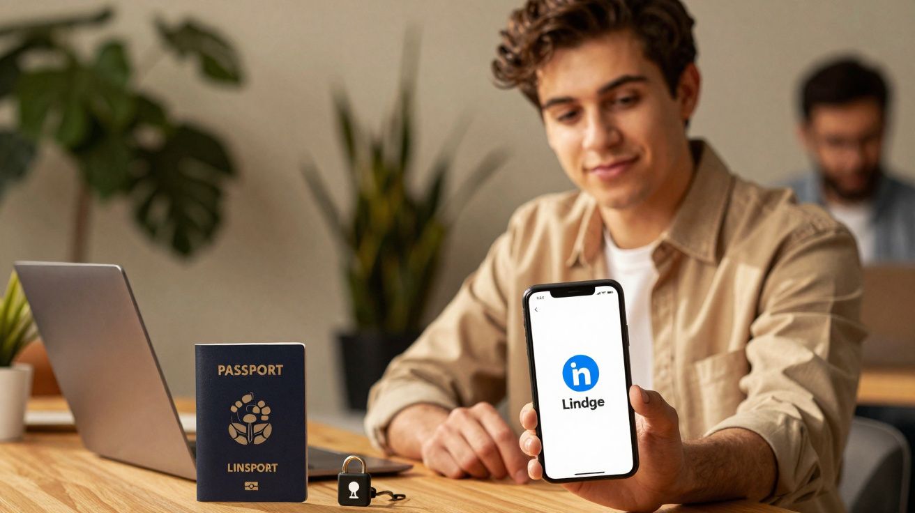 Jovem mostrando smartphone com aplicativo Lindge aberto, laptop e passaporte na mesa.