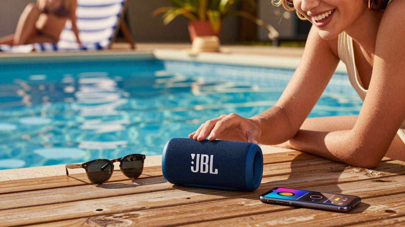 Mulher ao lado de piscina tocando uma caixa de som JBL com celular e óculos na borda da piscina.