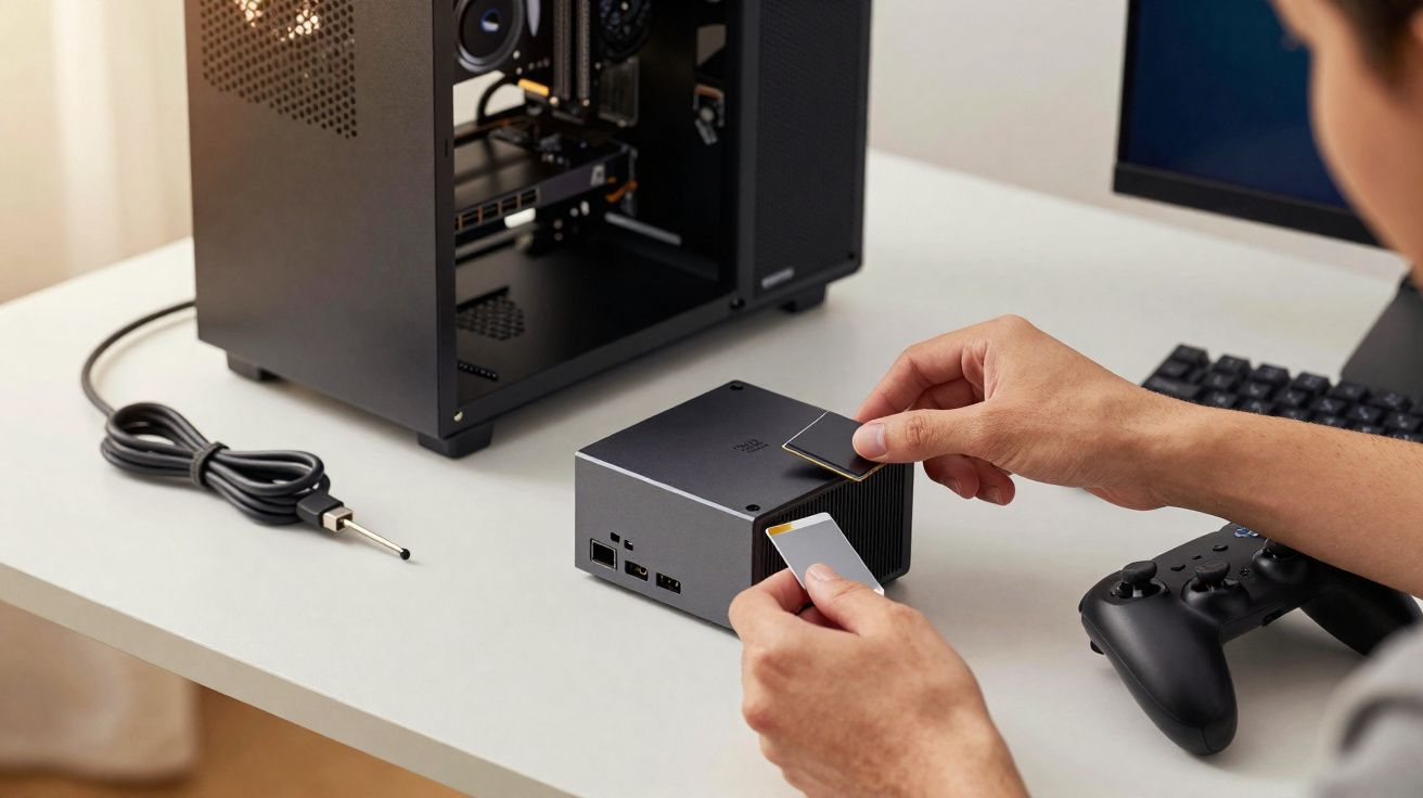 Pessoa segurando dois chips ao lado de computador aberto, controle de videogame e teclado em mesa branca.