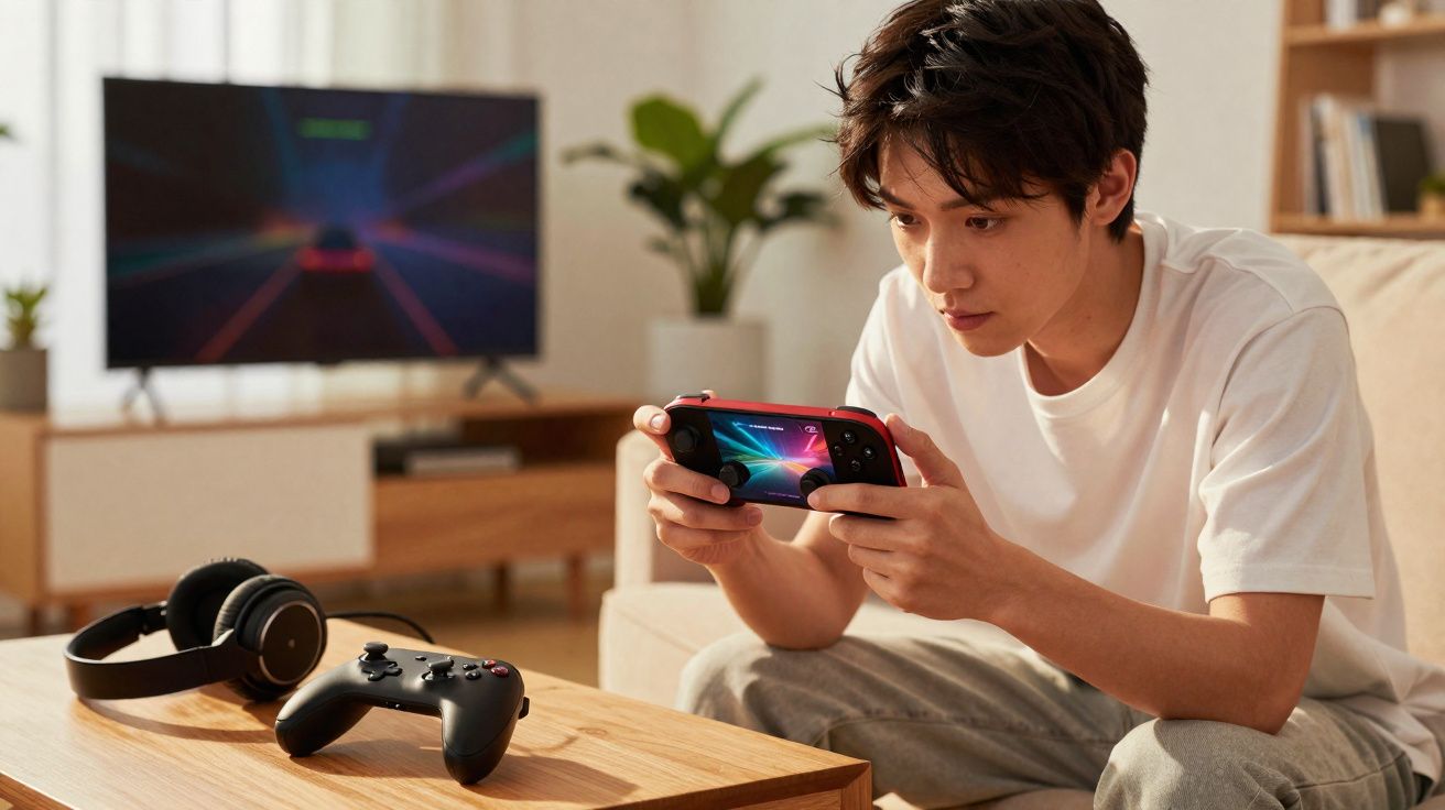 Jovem sentado no sofá jogando videogame portátil com controle e fones sobre a mesa à sua frente.