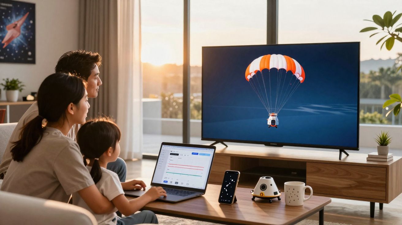 Família assistindo paraquedas na TV enquanto usa laptop em sala iluminada ao pôr do sol.