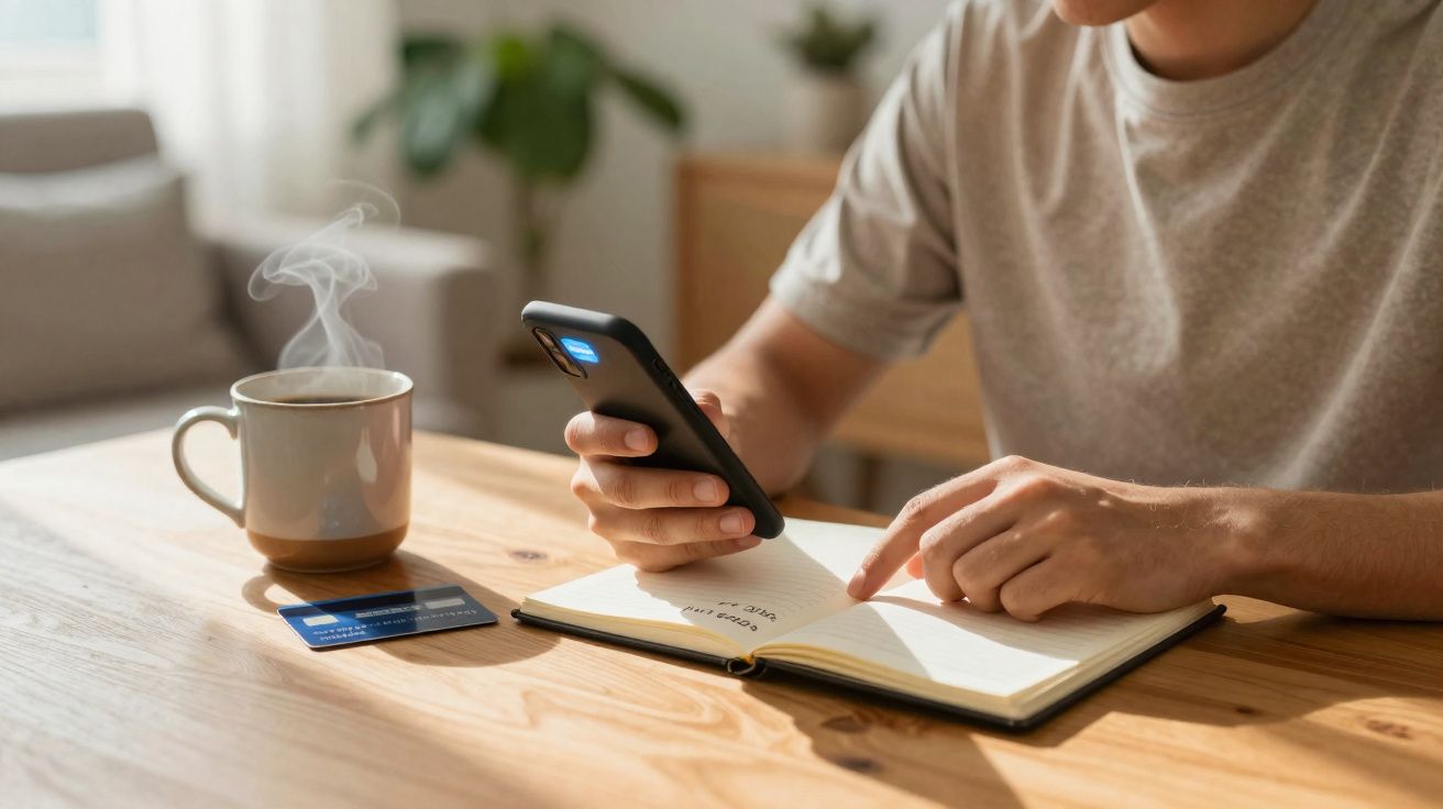 Pessoa usando celular e anotando em caderno com café quente e cartão de crédito em mesa de madeira.