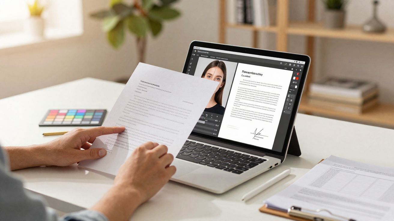 Pessoa revisando currículo impresso com laptop mostrando edição de documento com foto em mesa clara.