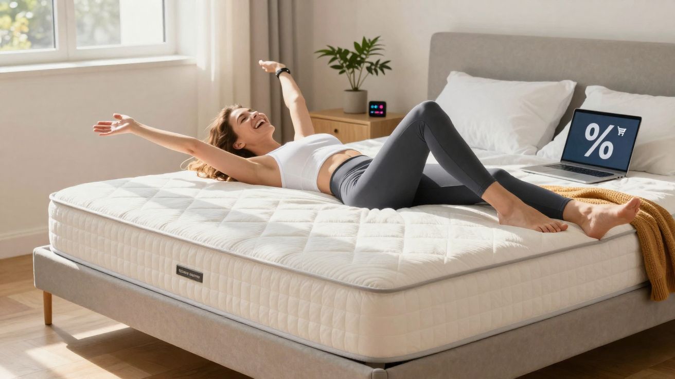 Mulher feliz esticando os braços deitada em colchão confortável em quarto iluminado e laptop aberto.