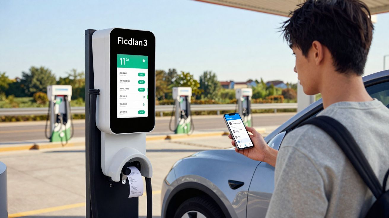 Homem verifica aplicativo no celular ao carregar carro elétrico em estação de recarga ao ar livre.