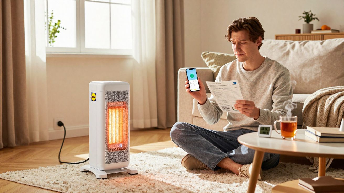 Homem sentado no tapete da sala ajusta aquecedor enquanto segura celular e conta luz.