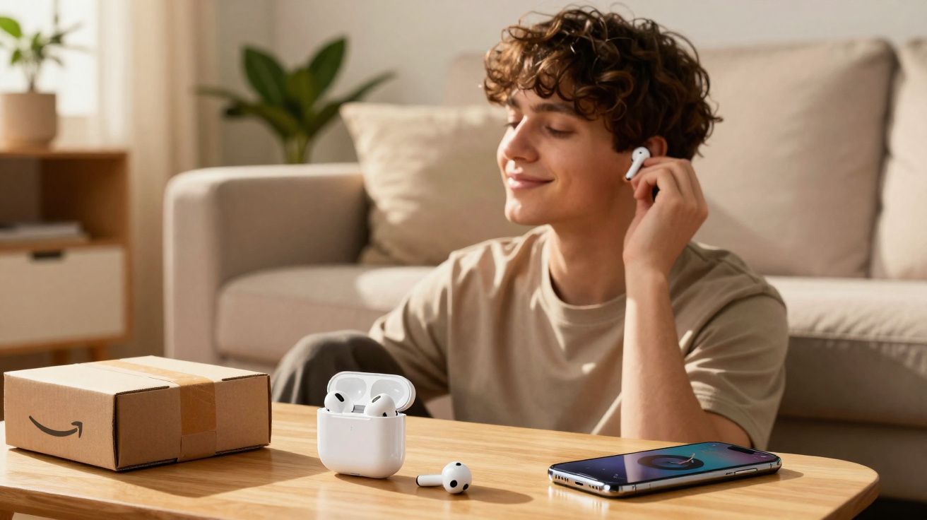 Jovem feliz ouvindo música com fones sem fio, ao lado de caixa, celular e pacote na mesa.