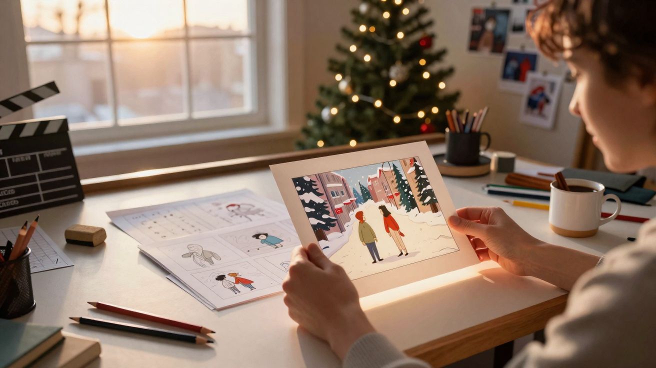 Pessoa segurando desenho iluminado de casal em cena de inverno com mesa, lápis, caneca e árvore de Natal ao fundo.