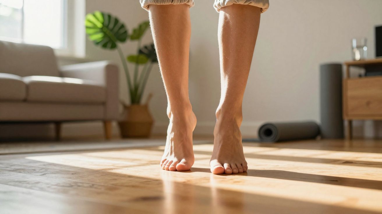 Pés descalços de uma pessoa em pé na ponta dos pés sobre piso de madeira em sala iluminada.