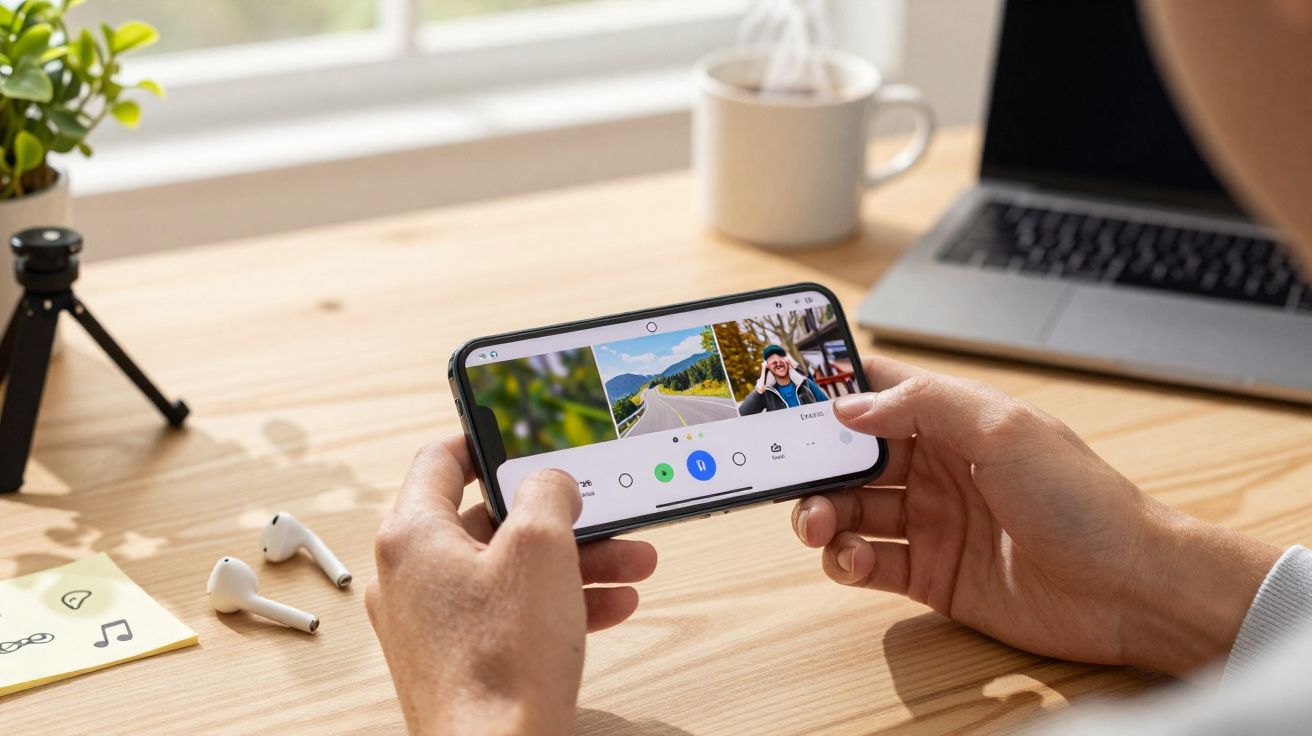 Pessoa editando fotos em smartphone com mesa de madeira, fones sem fio, laptop e caneca ao fundo.