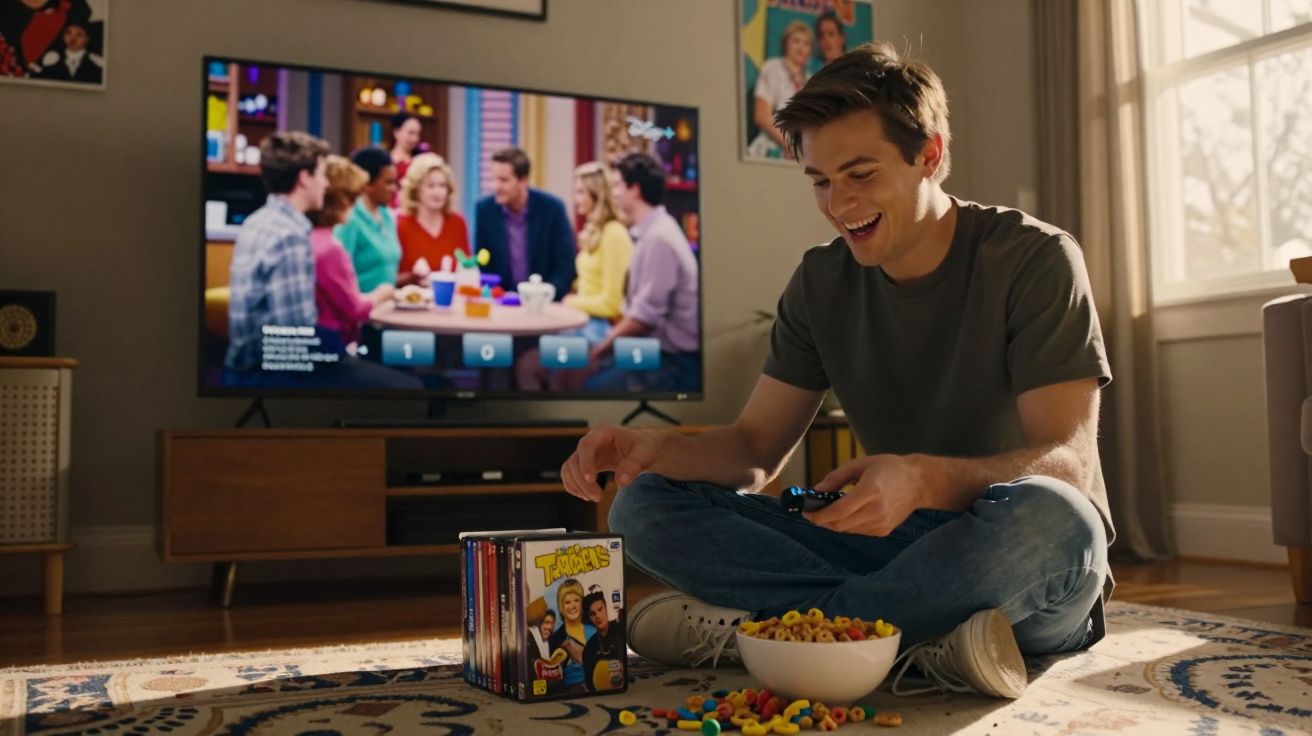 Jovem sorrindo sentado no chão com caixas de DVDs, comediante na TV e tigela de cereal colorido.