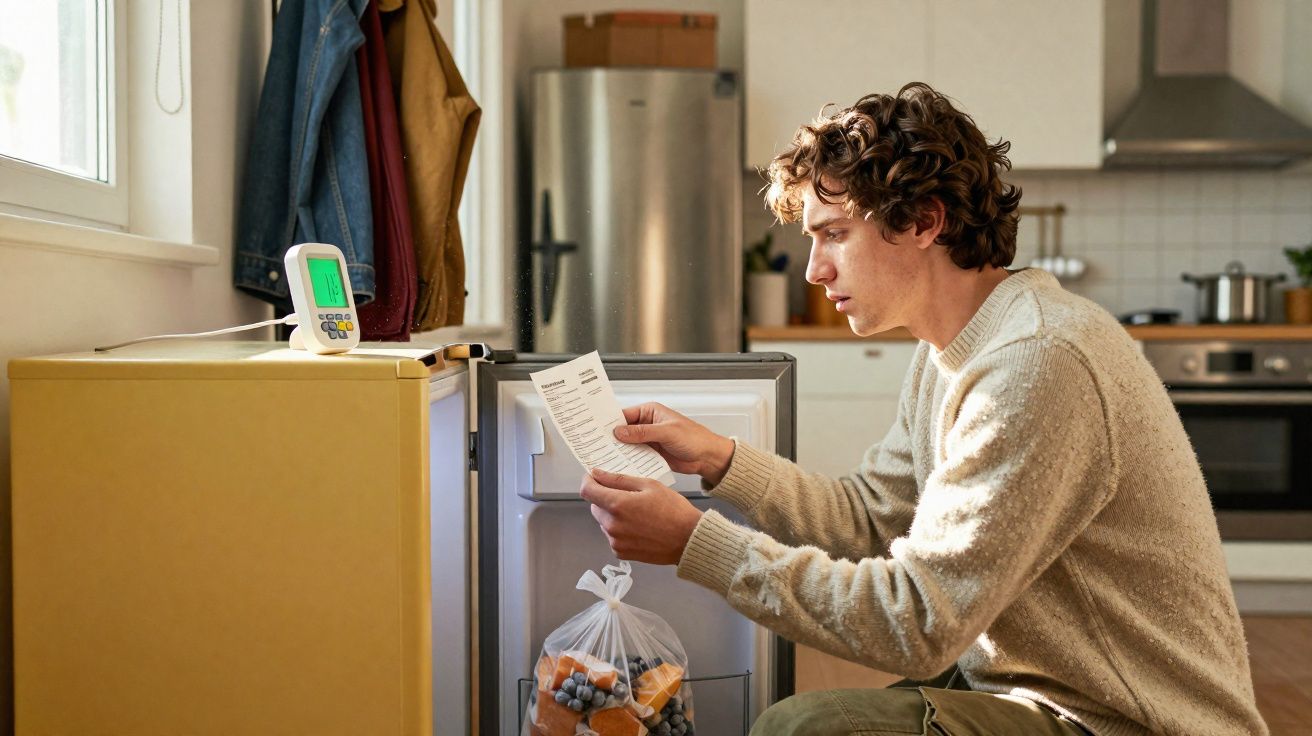 Homem jovem verificando um papel em uma cozinha ao lado de uma geladeira pequena aberta com frutas congeladas dentro.