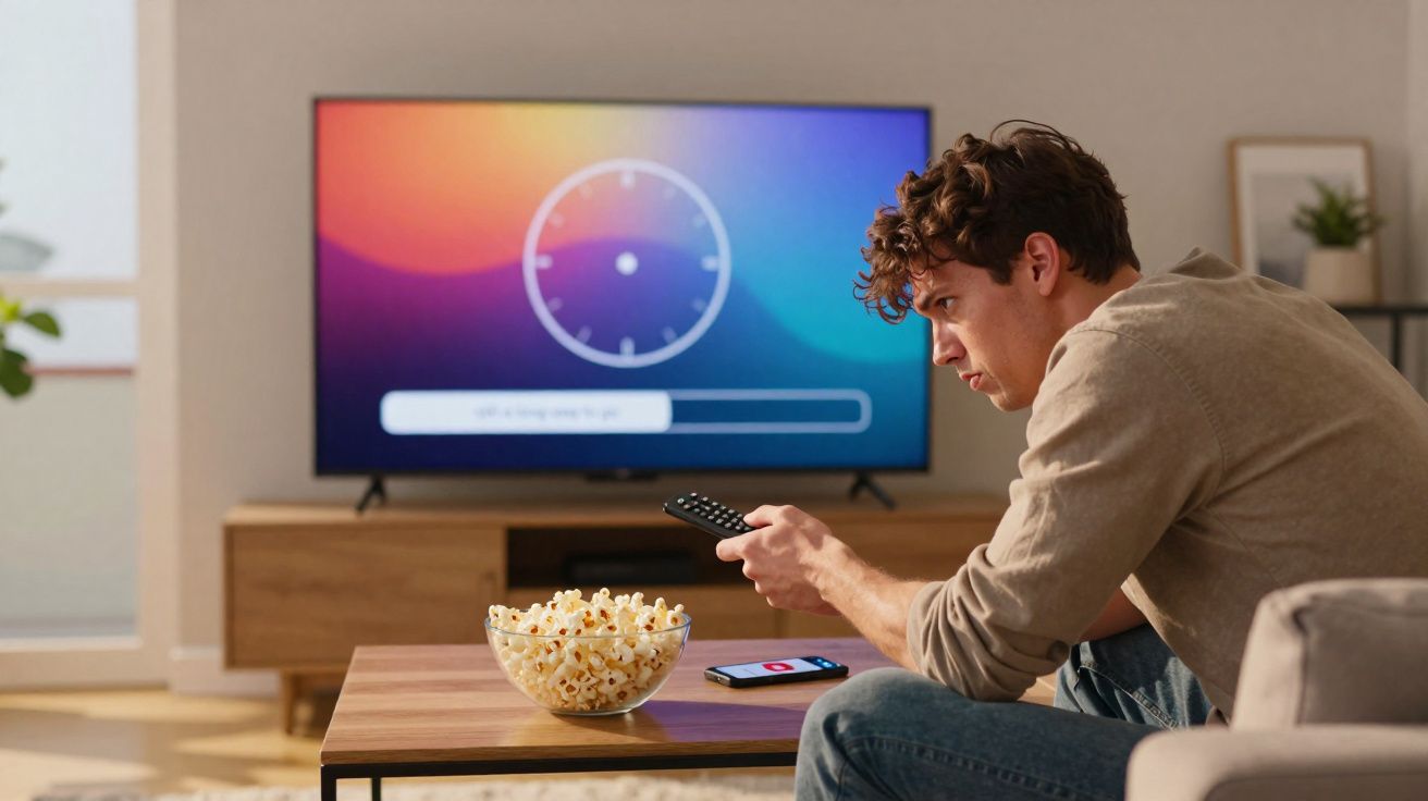 Jovem sentado no sofá com controle na mão, vendo TV com contagem regressiva, mesa com pipoca e celular.