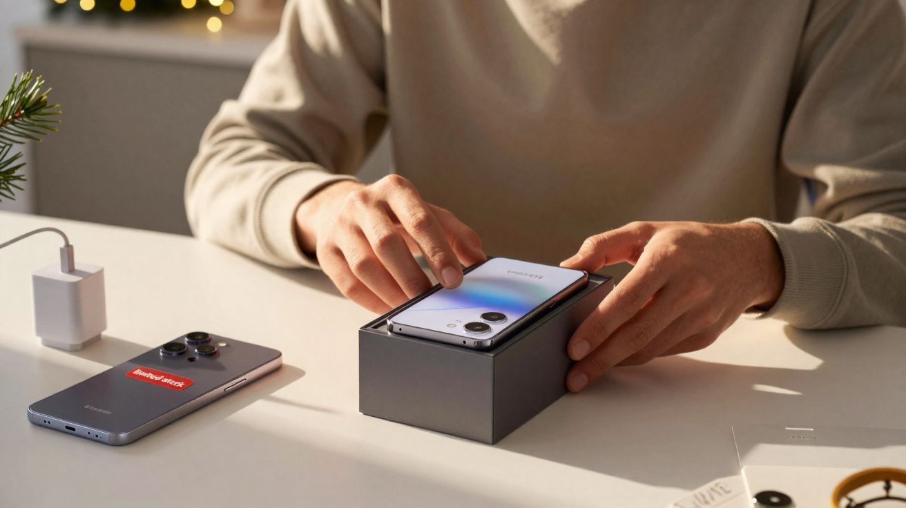 Pessoa retirando um smartphone novo prata da caixa sobre mesa branca com outro celular e carregador ao lado.