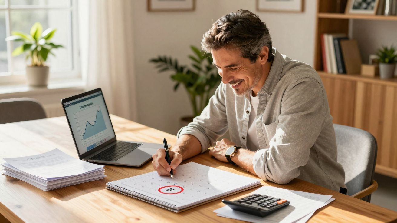 Homem sorridente marca data em calendário enquanto trabalha com laptop e calculadora em mesa iluminada.