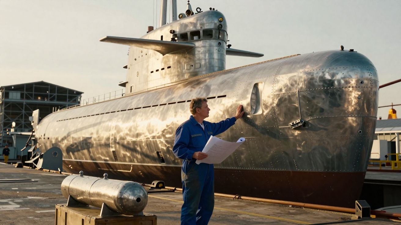 Homem em macacão azul inspeciona submarino metálico no porto ao entardecer segurando plantas.
