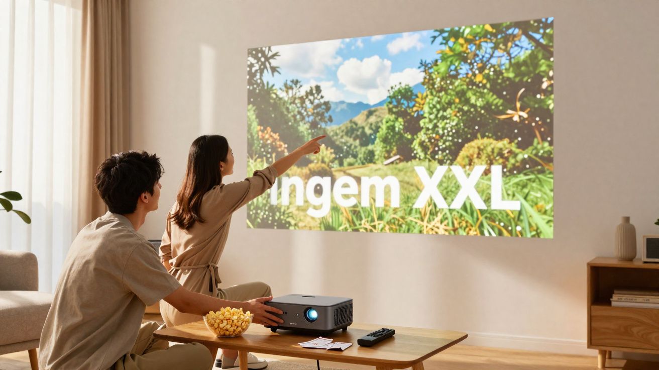 Casal assistindo a projeção colorida em parede com projetor em sala de estar aconchegante.